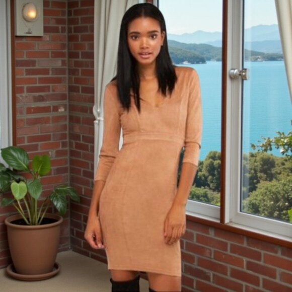 Akira Chicago Red Label Plunging Neckline Suede Dress - Picture 1 of 8